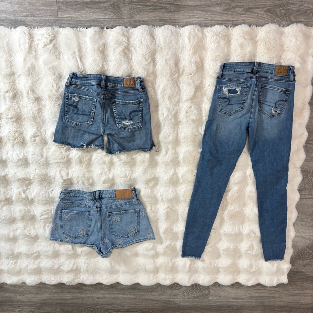 AmericanEagle|Pacsun denim shorts & skinny jean in ripped blue embroider daisy 0 - Picture 7 of 7
